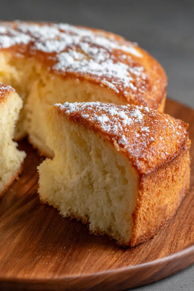 Fluffy yogurt cake with golden top and tender crumb on white cake stand with lemon garnish
