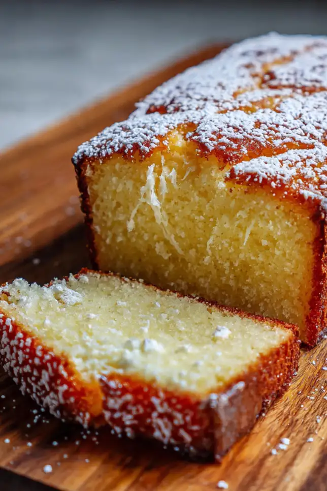 Fluffy yogurt cake with golden top and tender crumb on white cake stand with lemon garnish