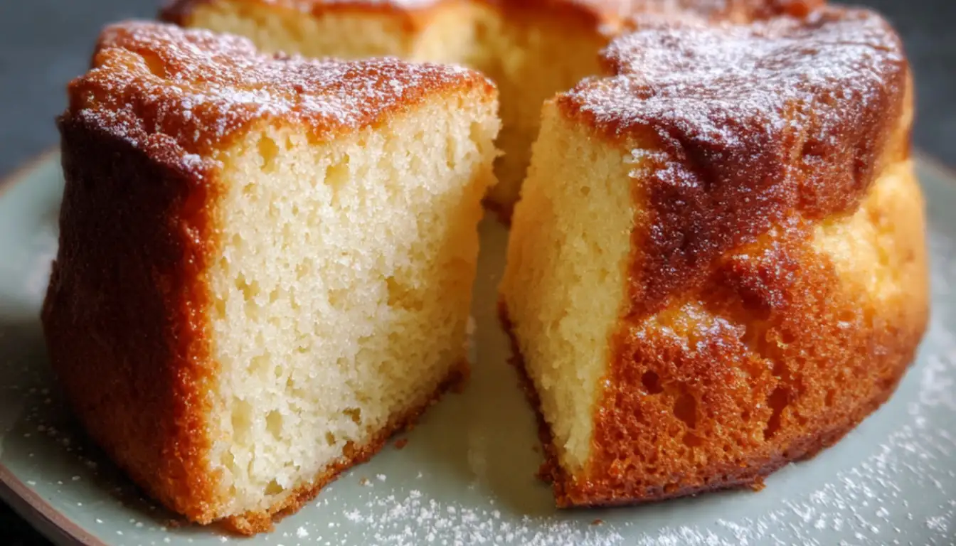 Fluffy yogurt cake with golden top and tender crumb on white cake stand with lemon garnish
