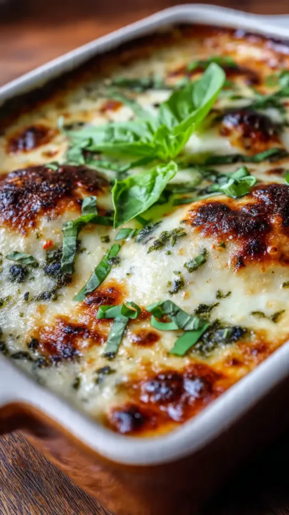 Golden bubbling Italian casserole with melted mozzarella cheese and fresh basil in a ceramic baking dish
