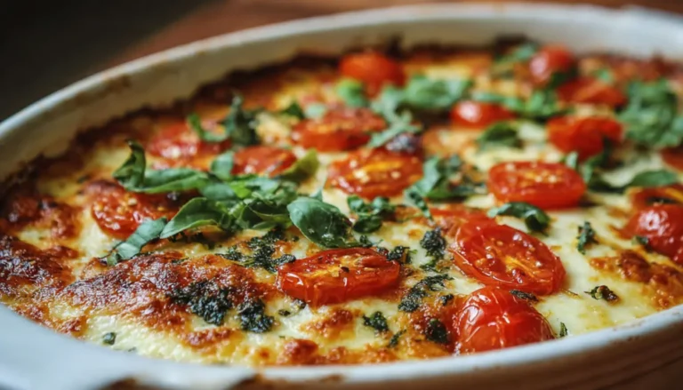 Golden bubbling Italian casserole with melted mozzarella cheese and fresh basil in a ceramic baking dish