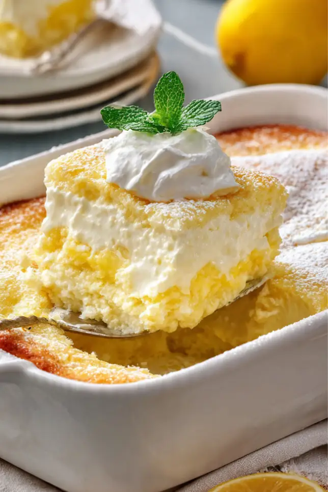 Creamy lemon cheesecake dump cake in baking dish with slice on server showing layered dessert
