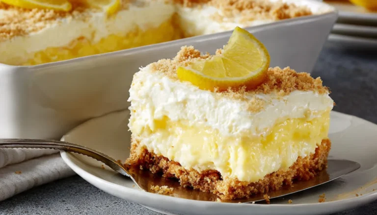 Creamy lemon cheesecake dump cake in baking dish with slice on server showing layered dessert