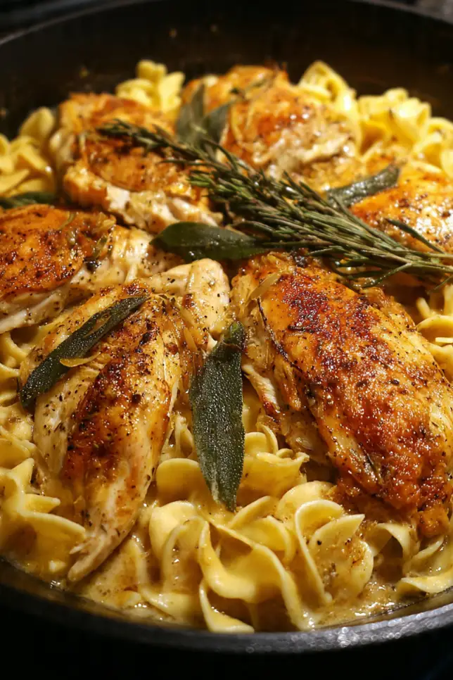 One-pan chicken with buttered egg noodles in cast iron skillet garnished with parsley and Parmesan cheese