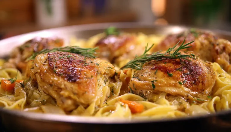 One-pan chicken with buttered egg noodles in cast iron skillet garnished with parsley and Parmesan cheese