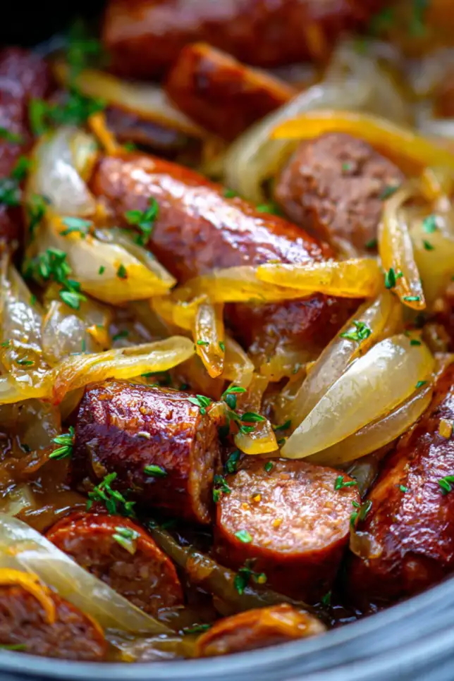Slow cooker sausage and onions with peppers in tomato sauce served in ceramic bowl