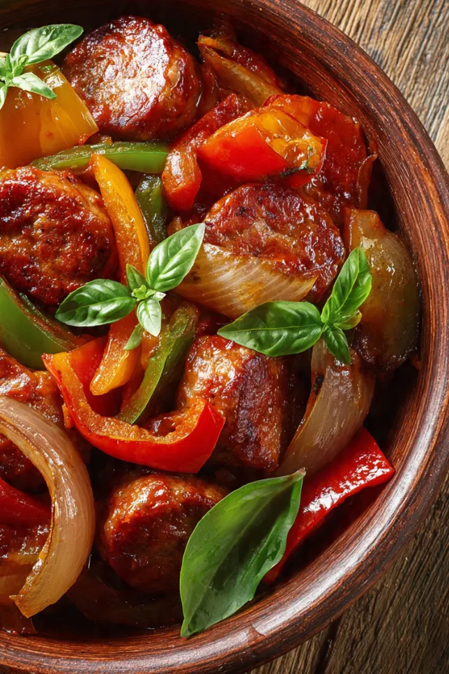 Slow cooker sausage and onions with peppers in tomato sauce served in ceramic bowl