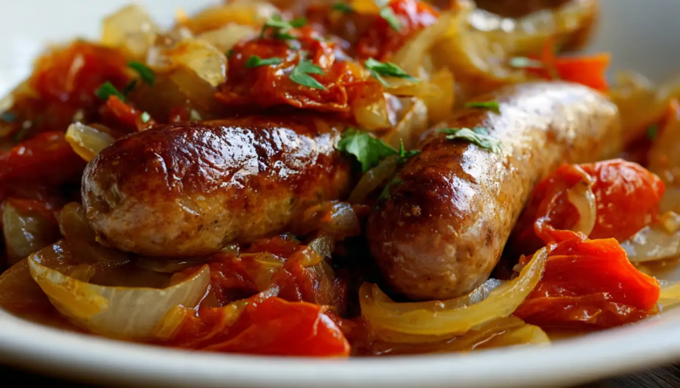 Slow cooker sausage and onions with peppers in tomato sauce served in ceramic bowl