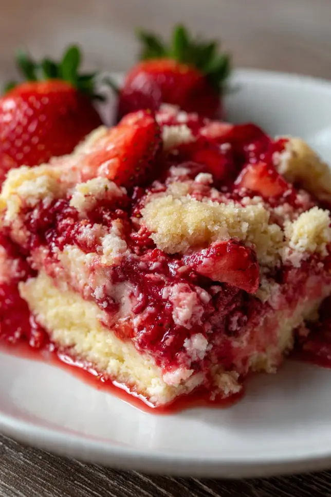 Freshly baked strawberry cheesecake dump cake in glass baking dish with golden topping and bubbling strawberry filling
