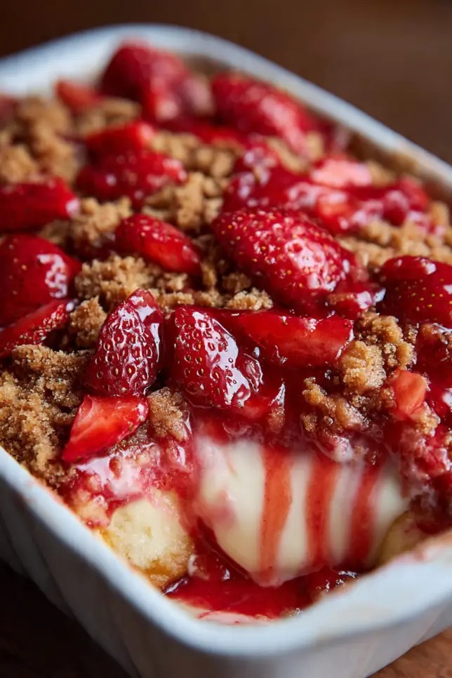 Freshly baked strawberry cheesecake dump cake in glass baking dish with golden topping and bubbling strawberry filling