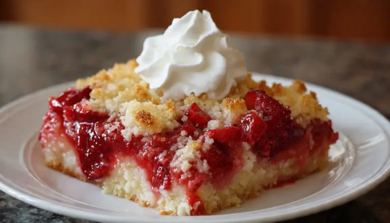 Freshly baked strawberry cheesecake dump cake in glass baking dish with golden topping and bubbling strawberry filling