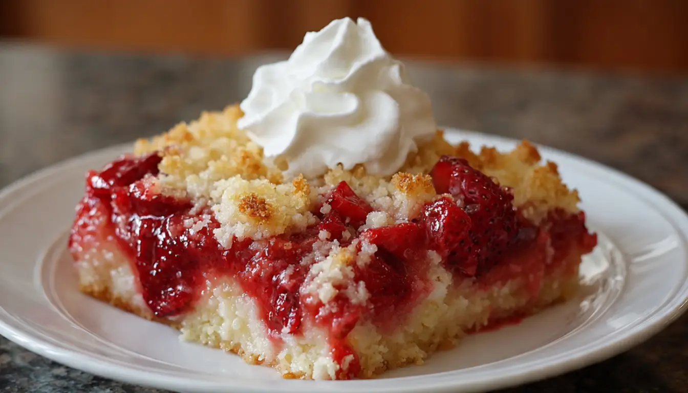 Freshly baked strawberry cheesecake dump cake in glass baking dish with golden topping and bubbling strawberry filling