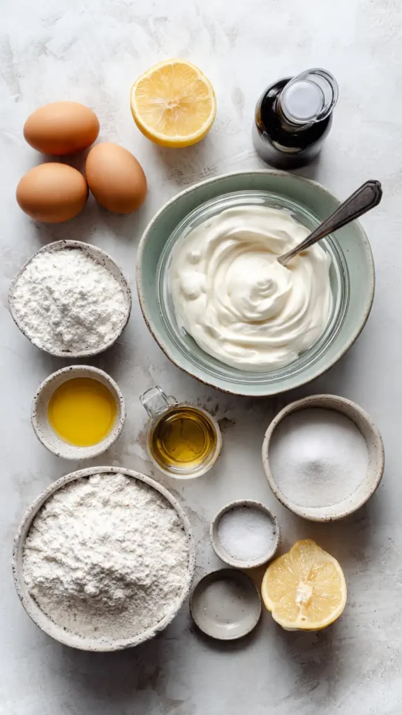 All ingredients for egg yogurt cake bread recipe arranged on white marble countertop