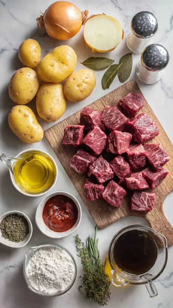 Raw ingredients for beef baked with potatoes including chuck roast, Yukon Gold potatoes, onions, garlic, and herbs arranged on marble countertop