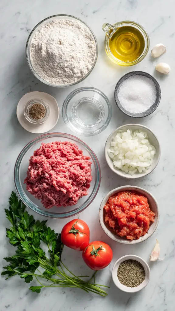 Ingredients for oven-baked pastel recipe including flour, ground beef, onions, tomatoes, and seasonings arranged on marble countertop