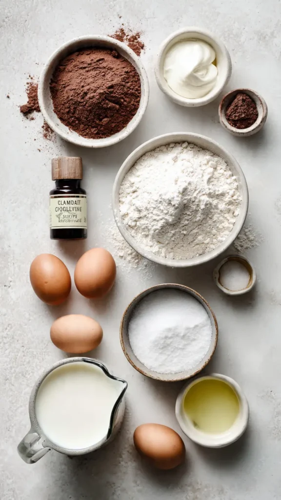 Overhead view of ingredients for making fluffy chocolate cloud cake including eggs, flour, and cocoa powder