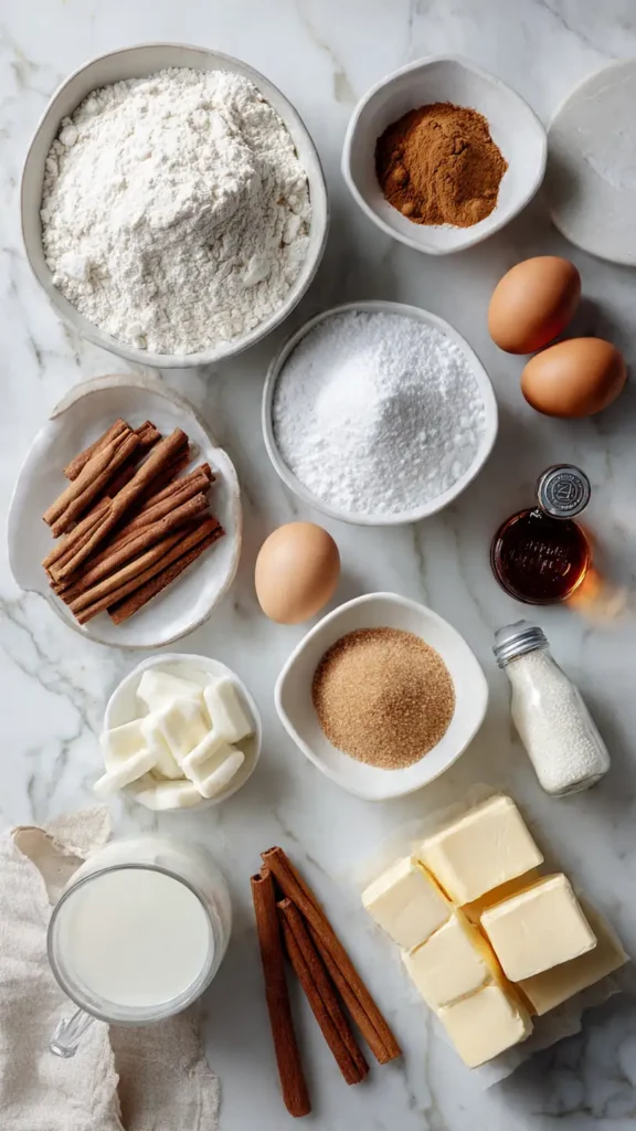 Cinnamon roll ingredients including flour, brown sugar, cinnamon, butter, eggs, and cream cheese arranged on marble countertop