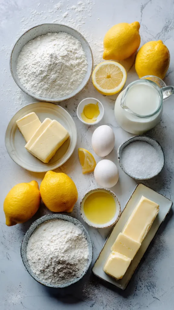 Overhead view of lemon pound cake ingredients including flour, butter, eggs, fresh lemons, and milk arranged on white marble