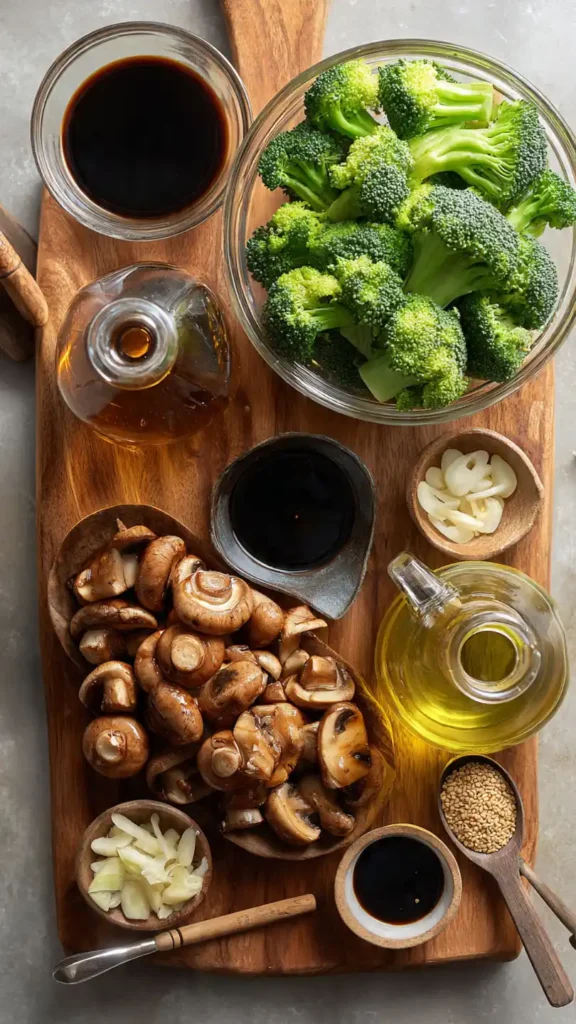 Fresh broccoli, sliced mushrooms, garlic, ginger, and stir fry sauce ingredients arranged on wooden cutting board
