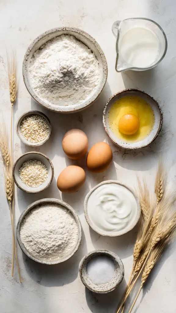 Overhead view of Turkish bread ingredients including flour, yogurt, olive oil, active dry yeast, eggs, and sesame seeds arranged on white marble surface