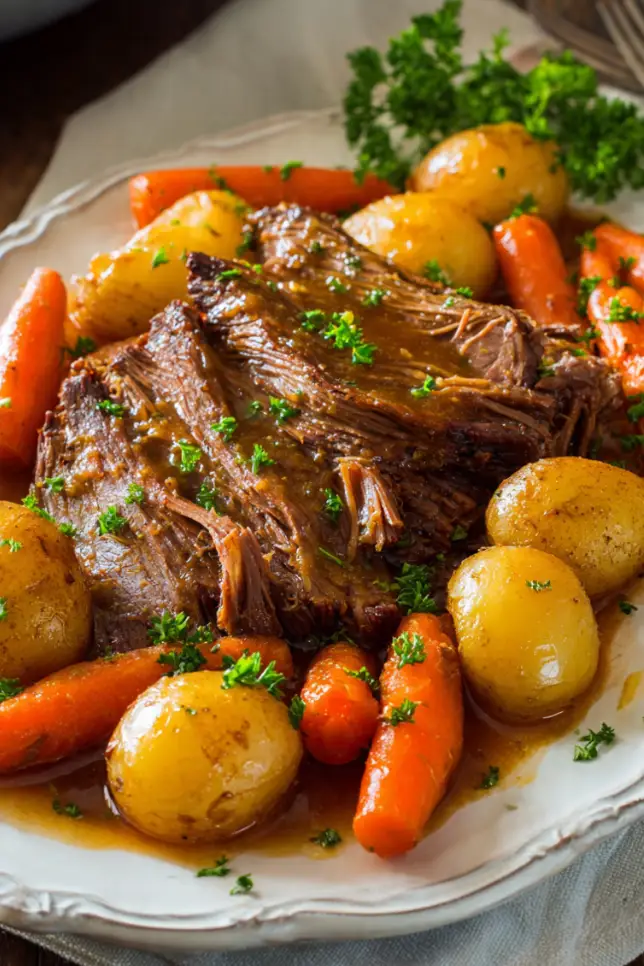 Tender crockpot chuck roast sliced on a platter with carrots, potatoes, and rich brown gravy