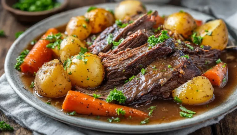 Tender crockpot chuck roast sliced on a platter with carrots, potatoes, and rich brown gravy