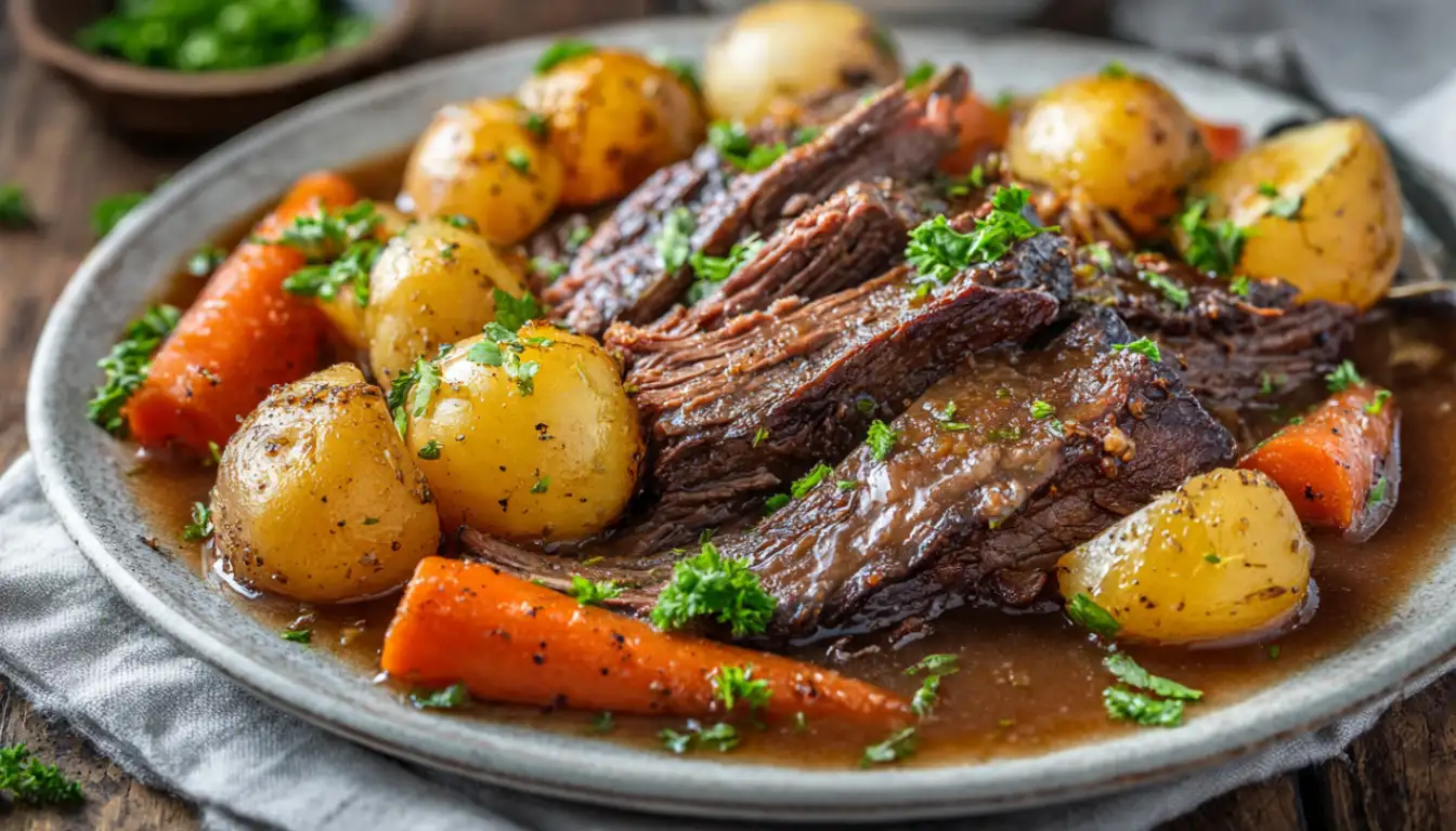 Tender crockpot chuck roast sliced on a platter with carrots, potatoes, and rich brown gravy
