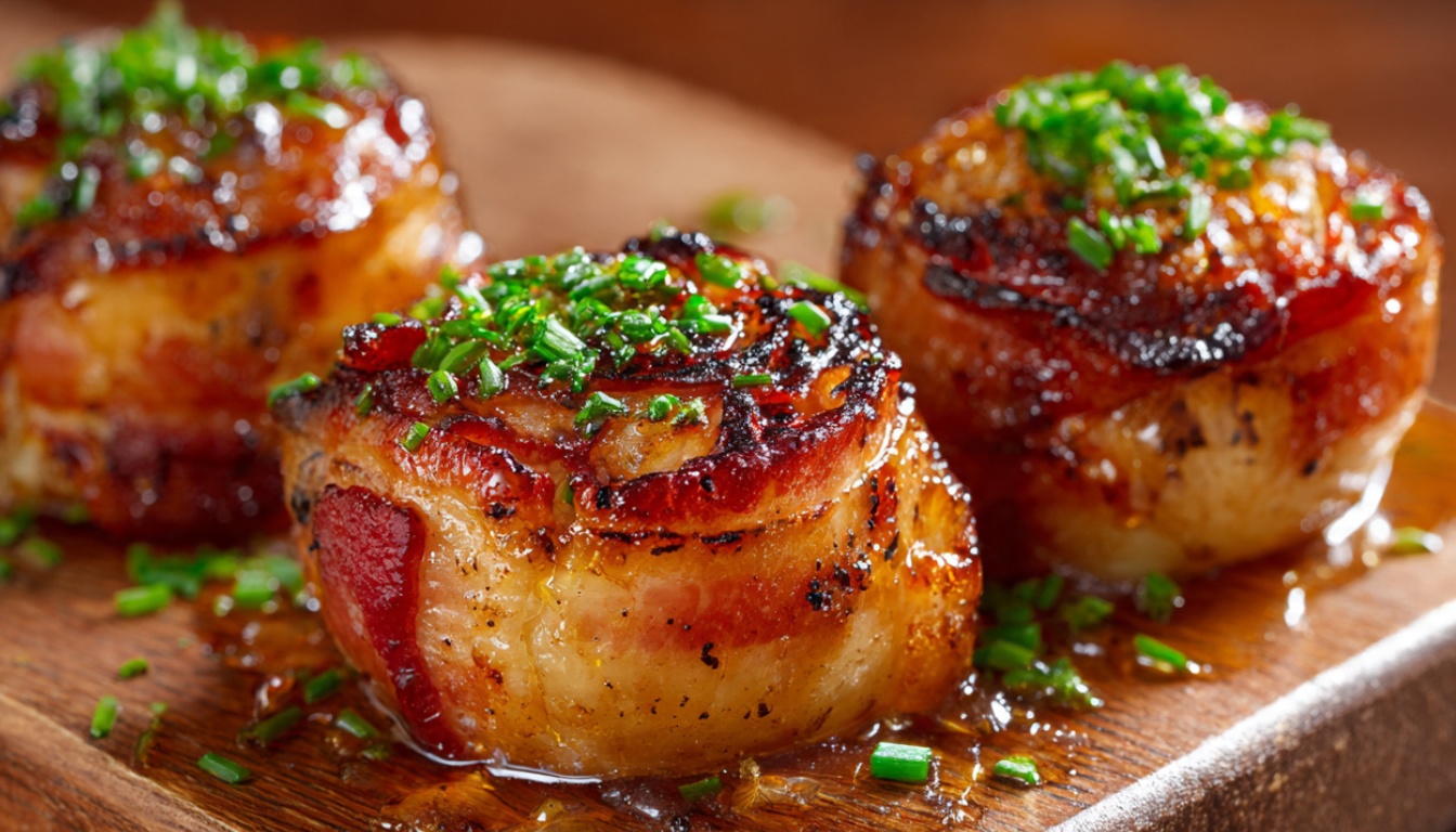 Golden-brown bacon-wrapped stuffed onion bombs with honey glaze on wooden serving board garnished with fresh chives