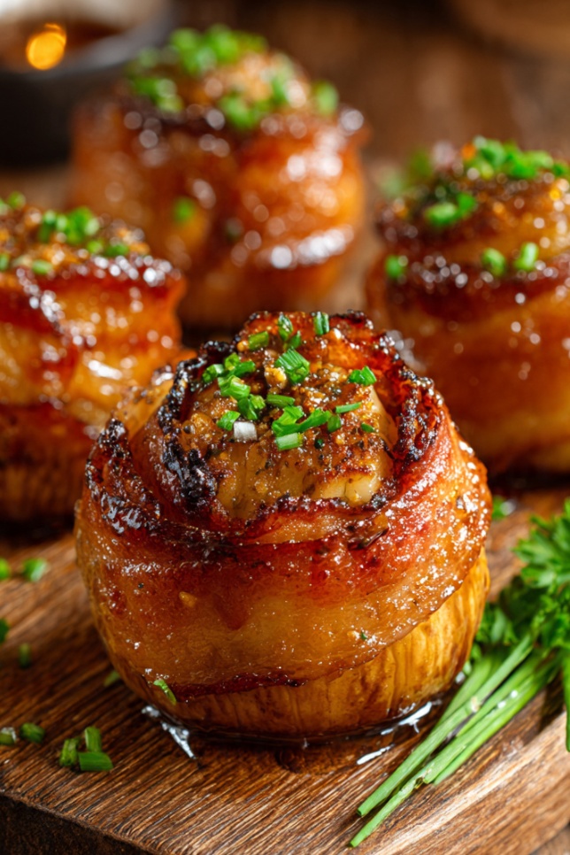 Golden-brown bacon-wrapped stuffed onion bombs with honey glaze on wooden serving board garnished with fresh chives