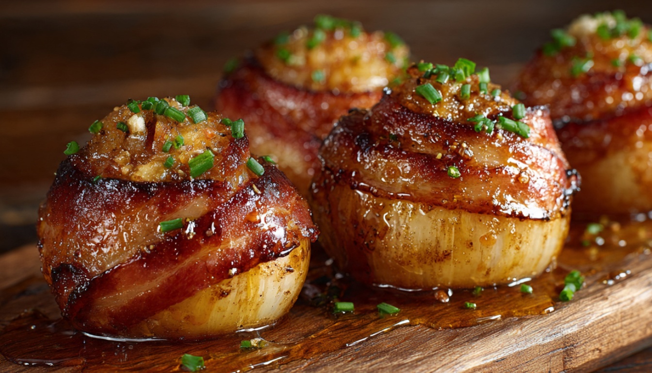 Golden-brown bacon-wrapped stuffed onion bombs with honey glaze on wooden serving board garnished with fresh chives