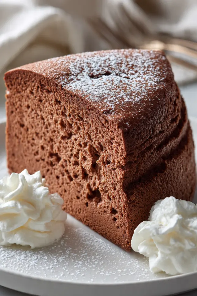 Slice of fluffy chocolate cloud cake with powdered sugar on white plate showing airy texture
