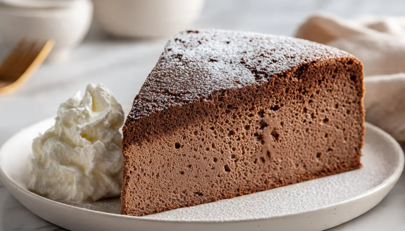Slice of fluffy chocolate cloud cake with powdered sugar on white plate showing airy texture