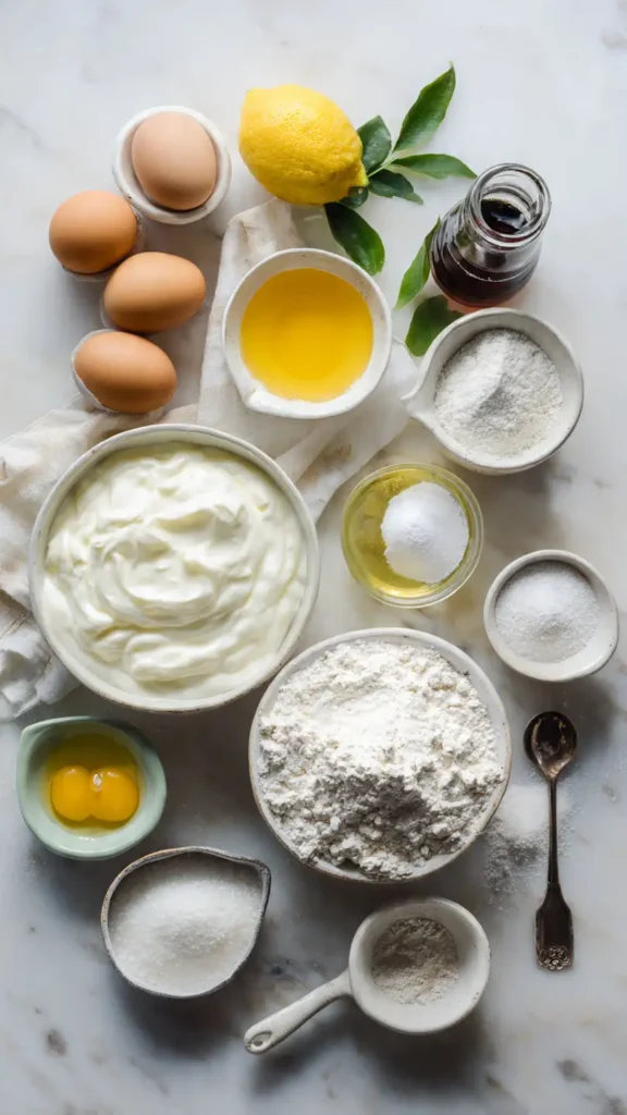 Ingredients for fluffy yogurt cake including Greek yogurt, eggs, flour, sugar, and vanilla extract arranged on marble countertop