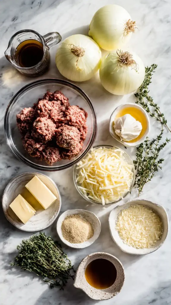 Ingredients for French onion meatballs including ground beef, onions, Gruyère cheese, and fresh herbs