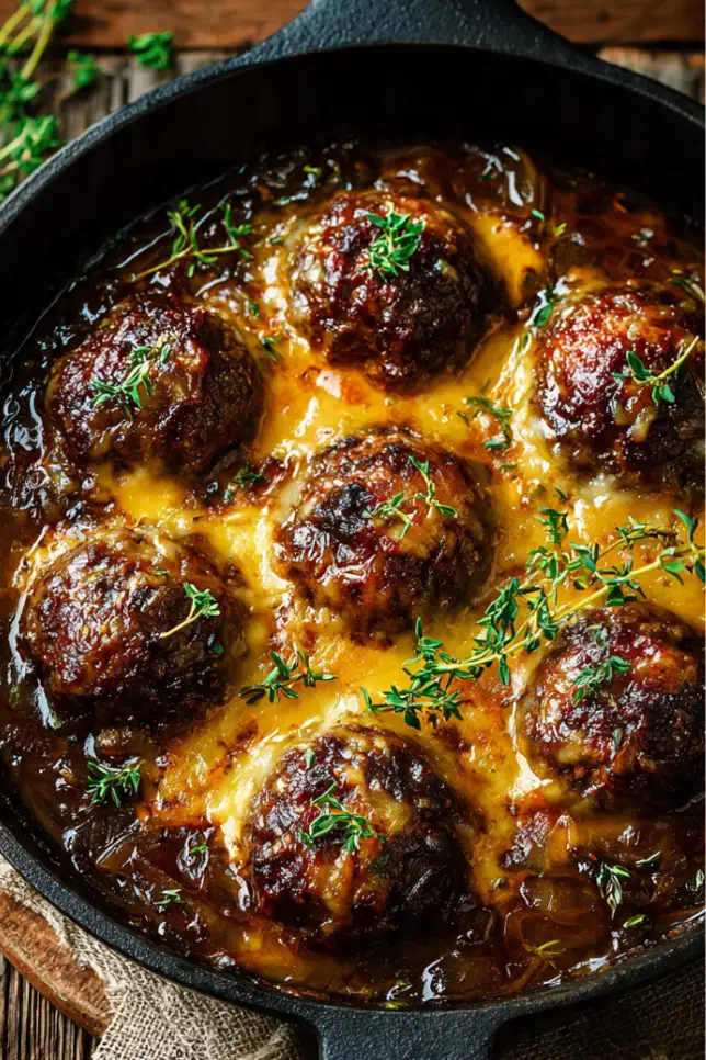 French onion meatballs in cast iron skillet with melted Gruyère cheese and caramelized onions