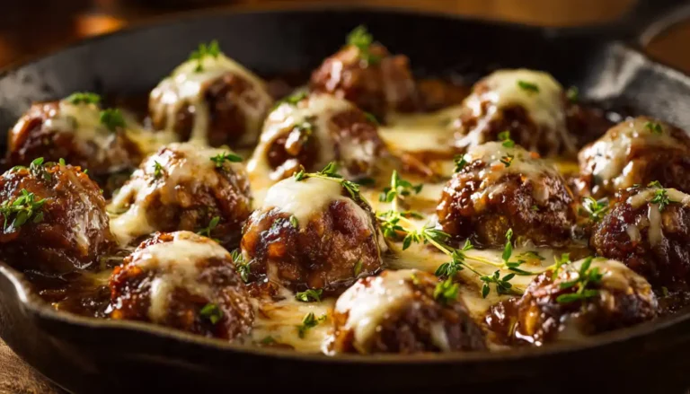 French onion meatballs in cast iron skillet with melted Gruyère cheese and caramelized onions