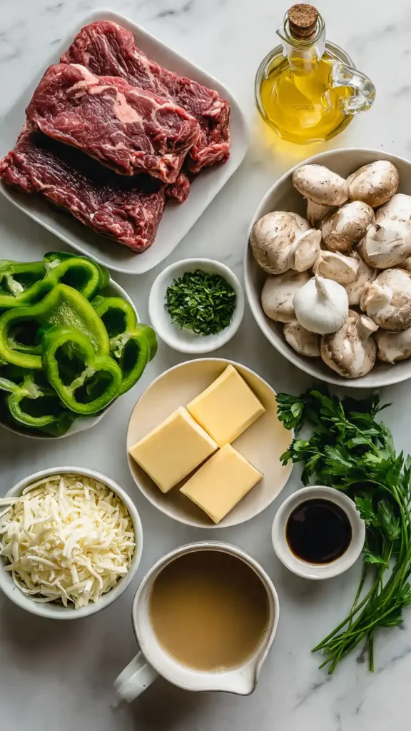 Flat lay of Philly cheesesteak casserole ingredients including ribeye steak, bell peppers, onions, mushrooms, and provolone cheese