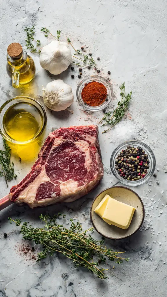 Raw tomahawk steak with fresh garlic, smoked paprika, cayenne pepper, thyme, butter, and olive oil arranged on marble surface