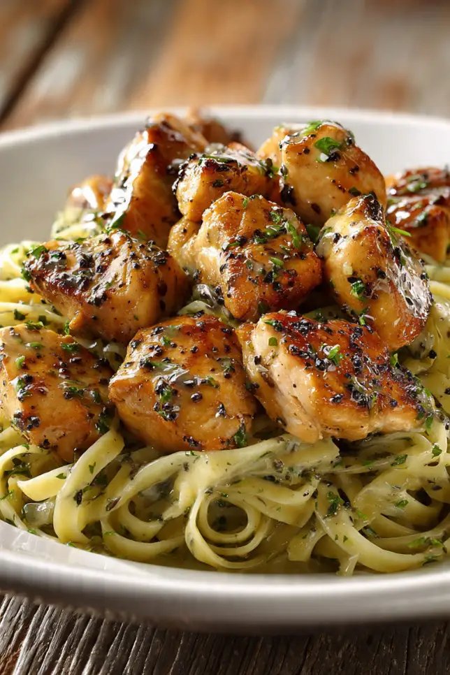 Garlic butter chicken bites served over creamy herb linguine pasta on a white plate with fresh parsley garnish