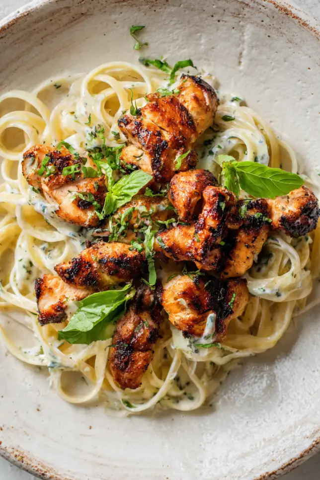 Garlic butter chicken bites served over creamy herb linguine pasta on a white plate with fresh parsley garnish