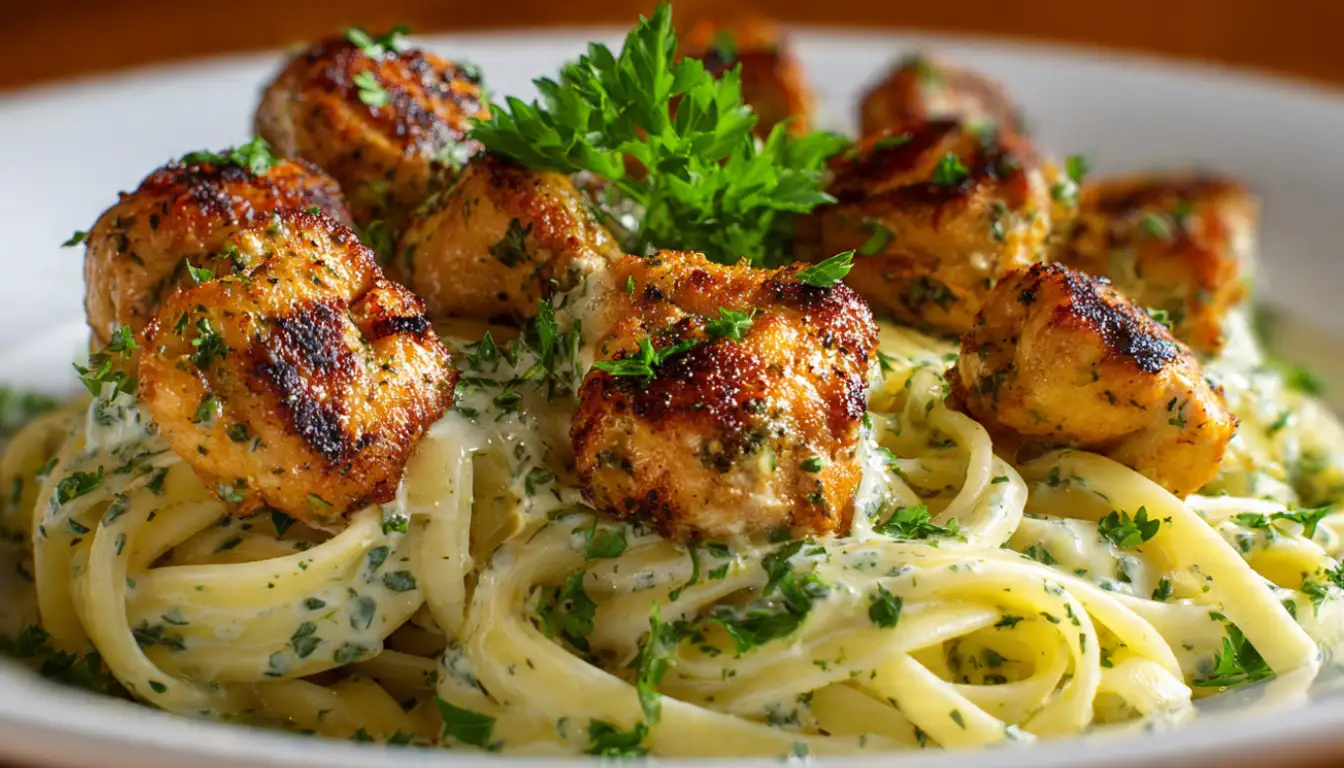 Garlic butter chicken bites served over creamy herb linguine pasta on a white plate with fresh parsley garnish