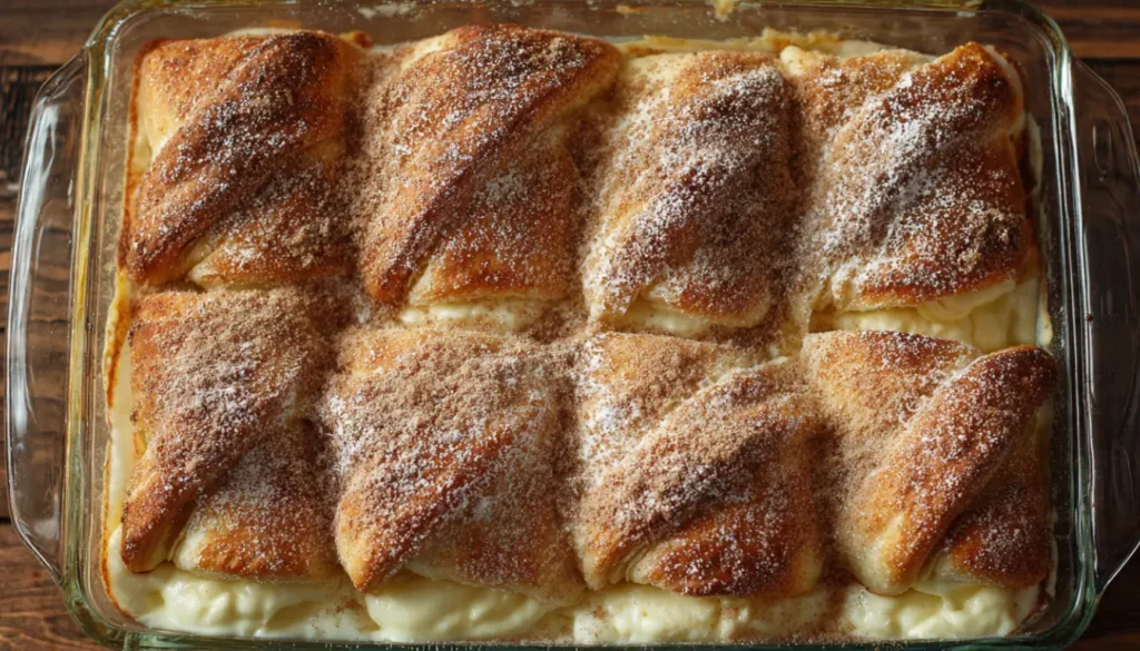 Freshly baked cheesecake crescent rolls casserole in glass baking dish with golden brown cinnamon sugar topping and one slice removed showing creamy filling