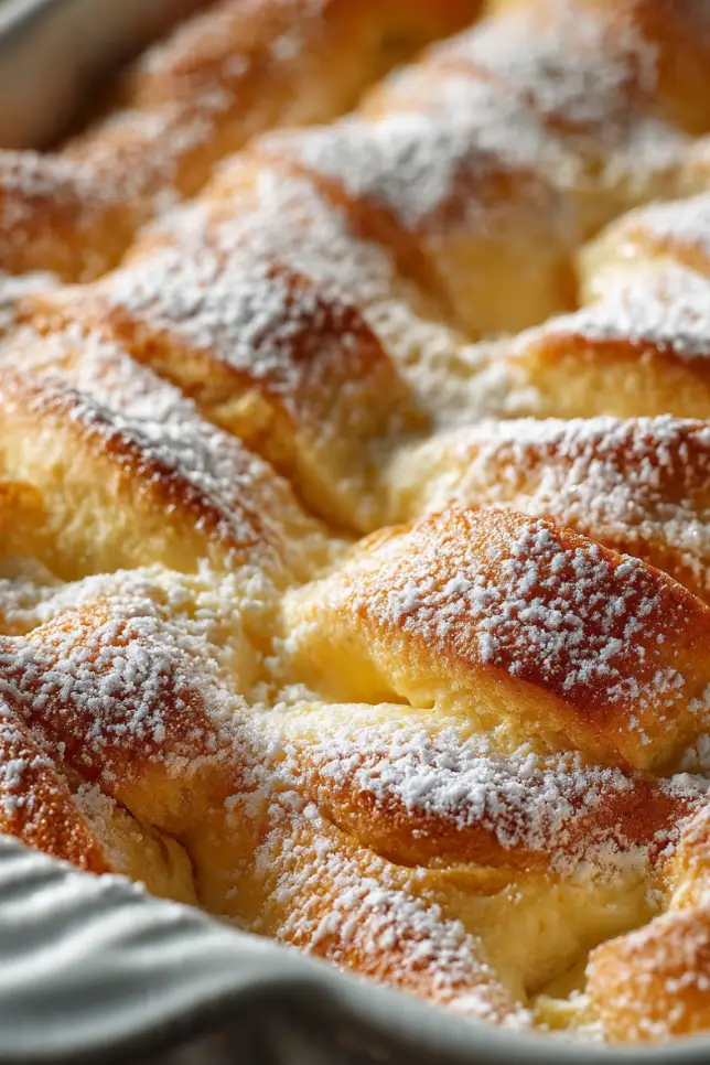 Freshly baked cheesecake crescent rolls casserole in glass baking dish with golden brown cinnamon sugar topping and one slice removed showing creamy filling