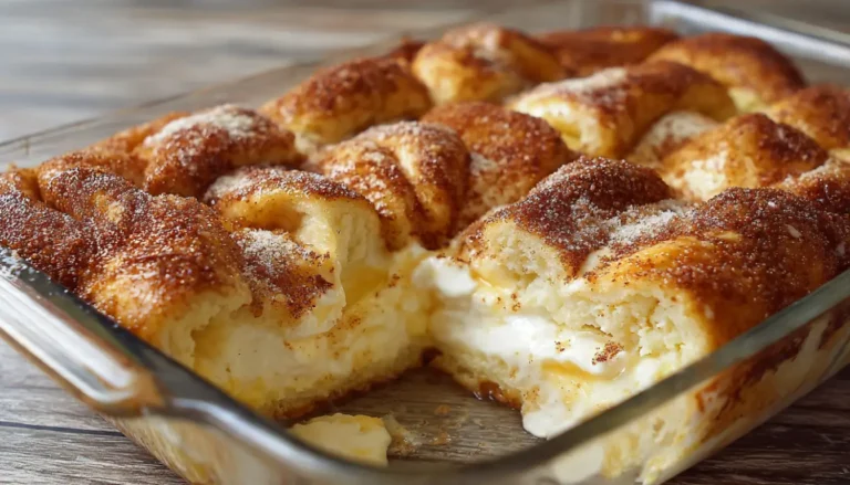 Freshly baked cheesecake crescent rolls casserole in glass baking dish with golden brown cinnamon sugar topping and one slice removed showing creamy filling