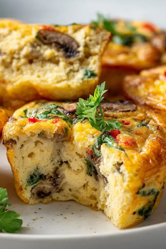 Freshly baked vegetable frittata muffins arranged on a clean white plate, showing fluffy texture and colorful vegetable pieces