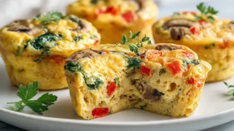 Freshly baked vegetable frittata muffins arranged on a clean white plate, showing fluffy texture and colorful vegetable pieces