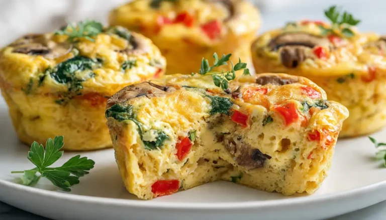 Freshly baked vegetable frittata muffins arranged on a clean white plate, showing fluffy texture and colorful vegetable pieces