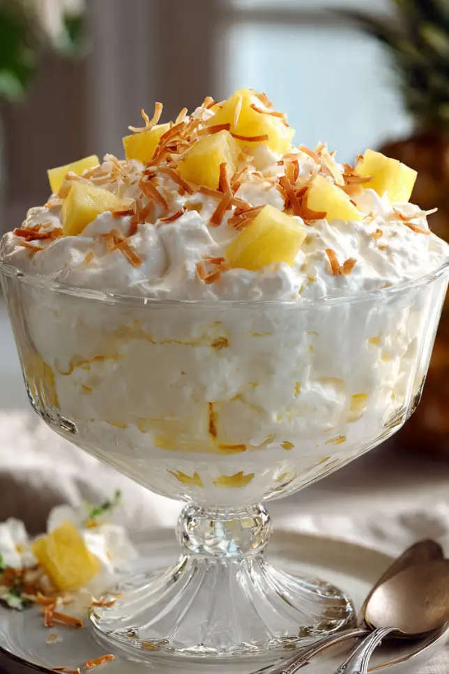 Glass trifle bowl filled with fluffy Hawaiian pineapple coconut cream fluff dessert topped with toasted coconut and fresh pineapple chunks