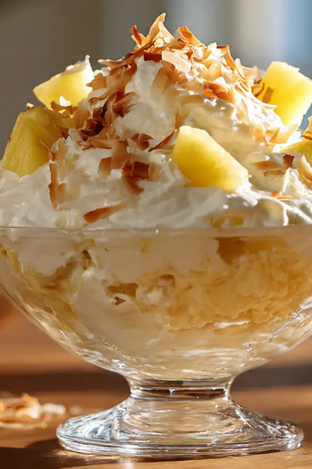 Glass trifle bowl filled with fluffy Hawaiian pineapple coconut cream fluff dessert topped with toasted coconut and fresh pineapple chunks