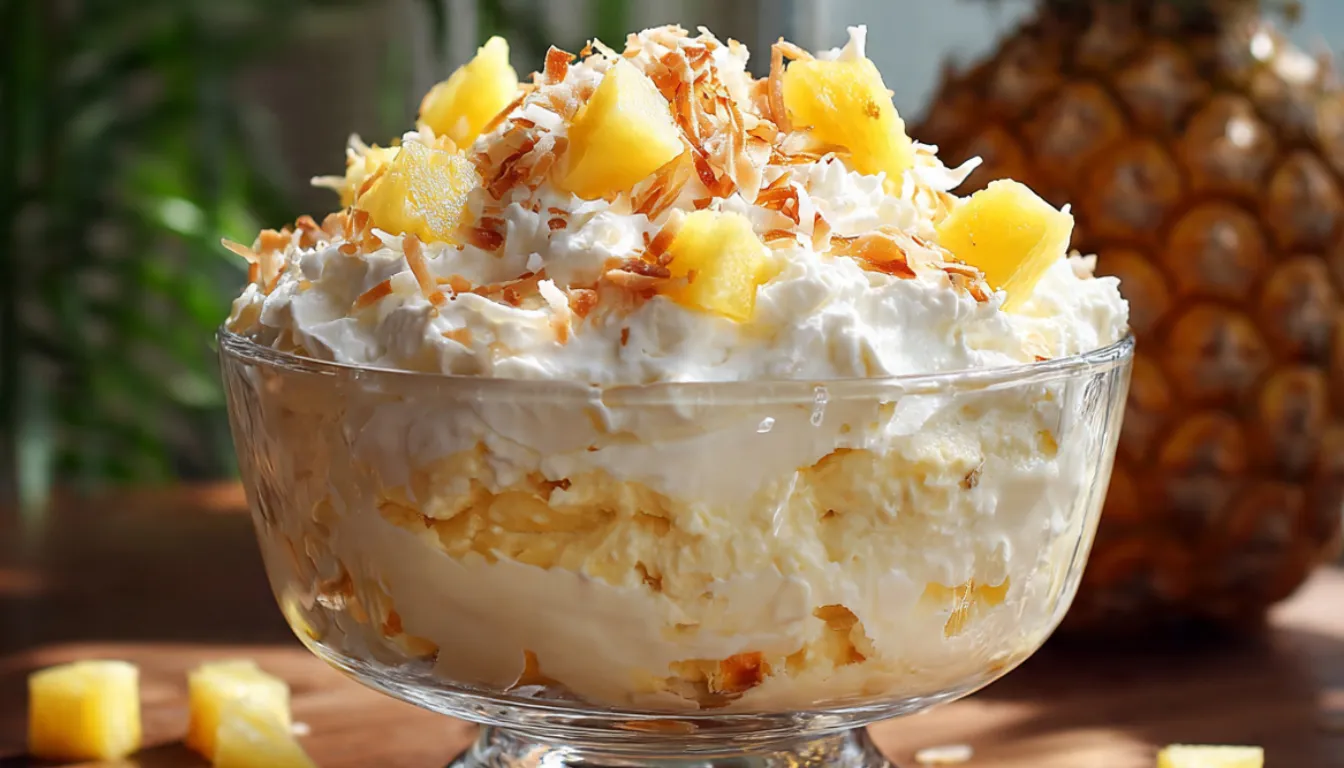 Glass trifle bowl filled with fluffy Hawaiian pineapple coconut cream fluff dessert topped with toasted coconut and fresh pineapple chunks